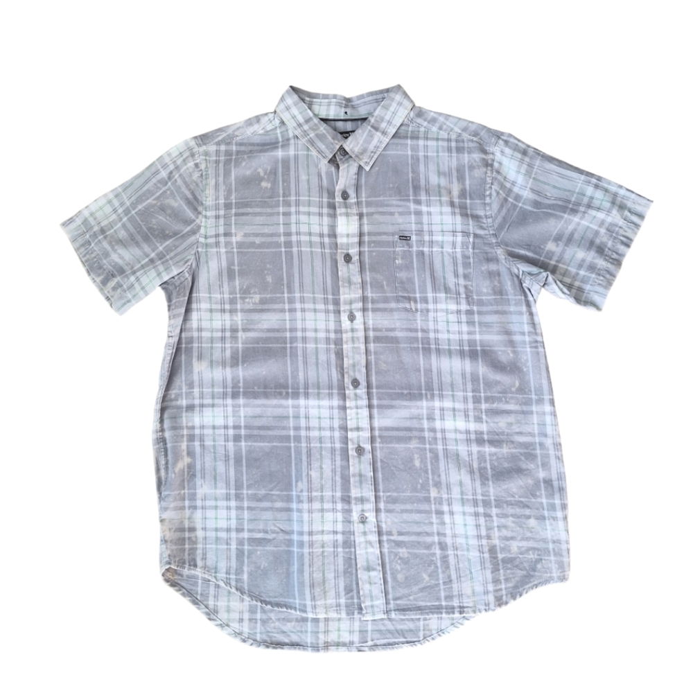 Hurley Gray and White Plaid Bleack Splatter Casual Short Sleeve Shirt szL
